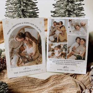 Christmas Card Template with Stars, Photo Holiday Card with Arch Frame, Editable Family Picture Collage, Canva Printable , Instant Download
