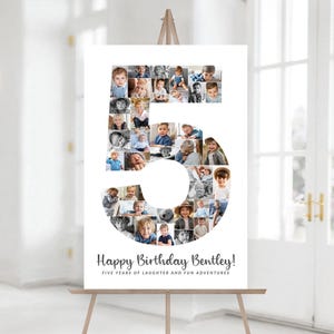 Number 5 Birthday Photo Collage TEMPLATE, Personalized 5th Birthday Gift for Boy or Girl, Party Decor Ideas, Canva Picture Collage