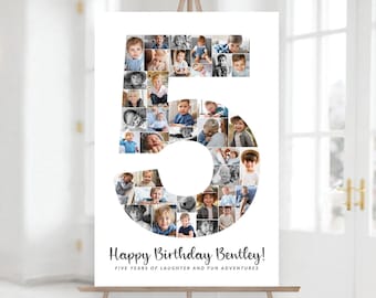 Number 5 Birthday Photo Collage TEMPLATE, Personalized 5th Birthday Gift for Boy or Girl, Party Decor Ideas, Canva Picture Collage