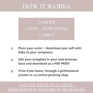 Puede incluir: C&oacute;mo funciona: 1. Pedir, 2. Editar + Descargar, 3. Imprimir. Instrucciones para pedir, editar e imprimir una plantilla digital.