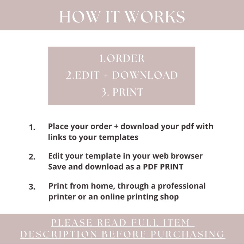 Puede incluir: C&oacute;mo funciona: 1. Pedir, 2. Editar + Descargar, 3. Imprimir. Instrucciones para pedir, editar e imprimir una plantilla digital.