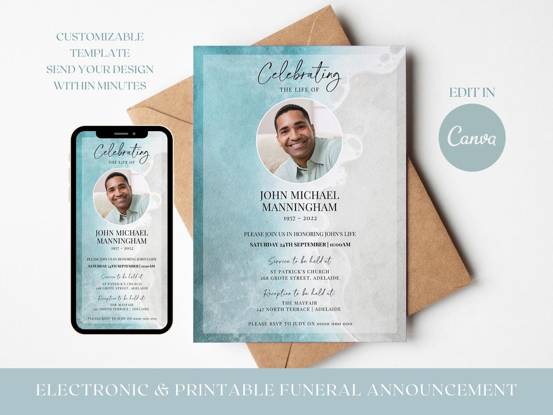 Digital Funeral Invite TEMPLATE Ocean, Phone Announcement Beach, Text