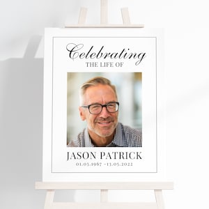 May include: A black and white memorial poster with a photo of a man smiling. The poster reads "Celebrating the life of Jason Patrick 01.05.1967 - 13.05.2022".