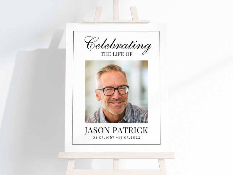 May include: A black and white memorial poster with a photo of a man smiling. The poster reads "Celebrating the life of Jason Patrick 01.05.1967 - 13.05.2022".