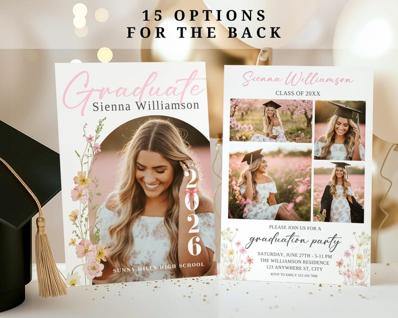 Floral Graduation Announcement, Spring Graduation Party Invitation: Canva Template (Digital Download) bild 1