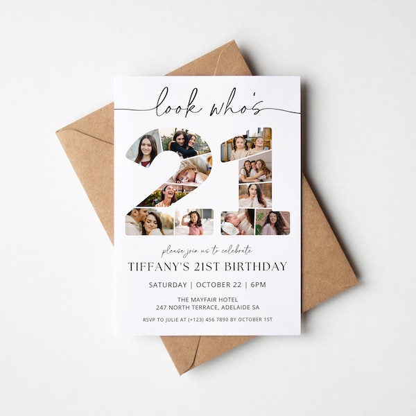 21st Birthday Invitation TEMPLATE with photo collage, Look Who's 21, Twenty First Party, Black and White Minimalist, Modern Invite