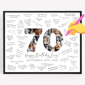 70th Birthday Photo Collage Poster TEMPLATE with room for signatures, Customizable Photo Collage Board Seventy, Photo Display Custom Gift