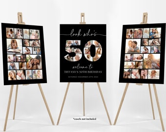Black 50th Birthday Photo Collage Poster Bundle TEMPLATE, Look who&#39;s 50, Customizable Photo Collage Board, Montage Display Digital Download