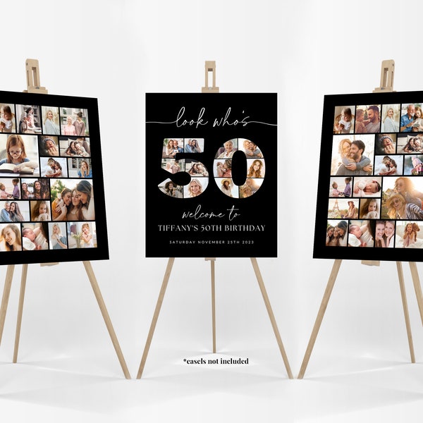 Black 50th Birthday Photo Collage Poster Bundle TEMPLATE, Look who's 50, Customizable Photo Collage Board, Montage Display Digital Download