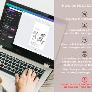 May include: A laptop displaying a birthday invitation template with the text "Halle's 30th Birthday." Instructions on how to use Canva are shown on the right. The product is a digital download.