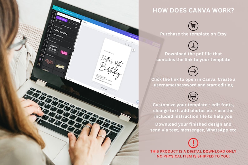 May include: A laptop displaying a birthday invitation template with the text "Halle's 30th Birthday." Instructions on how to use Canva are shown on the right. The product is a digital download.