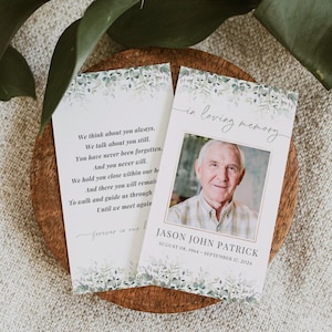 Greenery Memorial Card TEMPLATE, In Loving Memory Prayer Card, Double Sided Obituary Card, Funeral Memory Card Wallet Size, F10