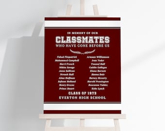 Class Reunion Memorial Poster TEMPLATE to Honor Deceased Classmates, School Reunion Display Sign, Maroon and White, Remembrance Board