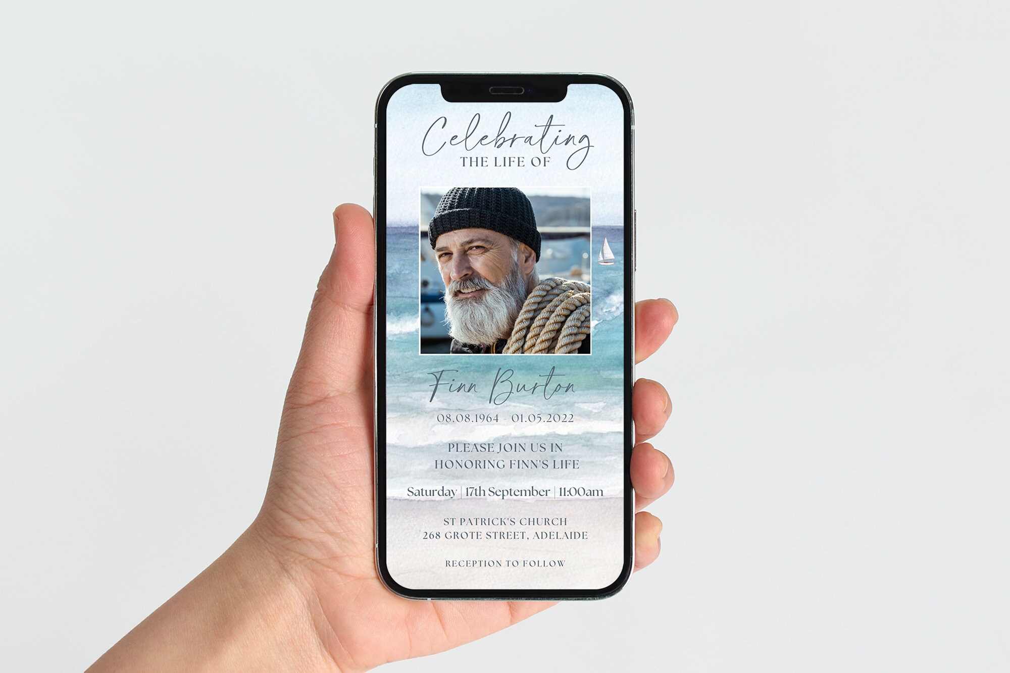 Funeral Announcement Electronic TEMPLATE for Fisherman, Beach Ocean ...