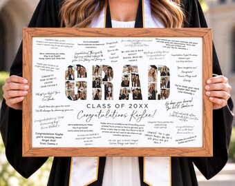 May include: A rectangular wooden frame containing a graduation collage. The word GRAD is formed by small photos of a graduate. The print includes the text CLASS OF 20XX, Congratulations Kaylee!, and numerous handwritten-style messages.