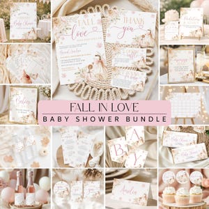 May include: A baby shower stationery bundle featuring a Fall in Love theme with blush pink pumpkins, floral accents, and gold text. Includes invitations, thank you cards, diaper raffle tickets, book request cards, signs, labels, and cupcake toppers.