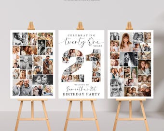 Könnte beinhalten: Drei vertikale rechteckige Schilder auf Holzstaffeleien. Die äußeren Schilder zeigen Fotocollagen. Das mittlere Schild zeigt den Text "CELEBRATING twenty One years", eine große "21" gefüllt mit kleinen Fotos und "WELCOME TO Samantha's 21st BIRTHDAY PARTY".