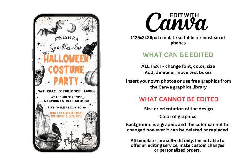 May include: A Halloween Costume Party invitation template on a smartphone. The design features spooky illustrations of bats, a skull, a black cat, and a pumpkin. The text reads "Join us for a Spooktacular Halloween Costume Party."
