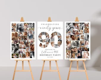 90th Birthday Photo Collage Poster Bundle TEMPLATE Set, Celebrating 90 Years, Party Welcome Sign, Picture Board, Montage Display, C1