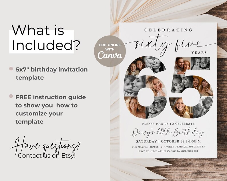65th Birthday Invitation TEMPLATE With Photo Collage, Celebrating 65 ...