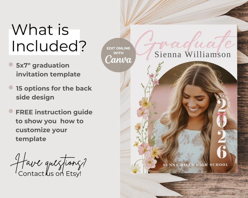 Floral Graduation Announcement, Spring Graduation Party Invitation: Canva Template (Digital Download) bild 4
