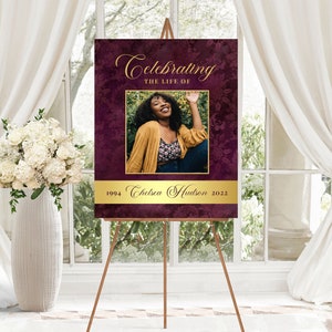 Burgundy Celebration of Life Sign TEMPLATE, Funeral Photo Poster, Memorial Photo Display Easel Sign, Photo Board for Funeral