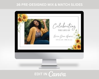 Sunflower Funeral Slideshow TEMPLATE, Memorial Video for Woman, Celebration of Life Presentation, Funeral Photo Tribute