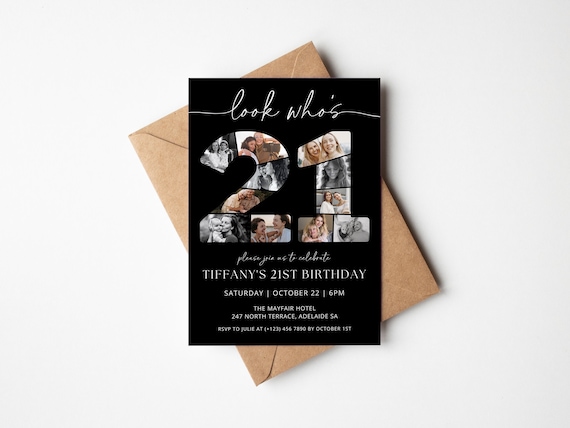 21st Birthday Invitation TEMPLATE with photo collage, Look Who's 21, Twenty First Party, Black and White Minimalist, Modern Invite