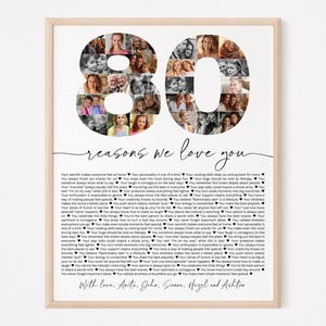 May include: A black and white photo collage in the shape of the number 80. The collage is surrounded by a white border and a black text that reads "80 reasons we love you". Below the collage is more black text that reads "With love, Avita, Joha, Sienne, Hegel and Ashton".