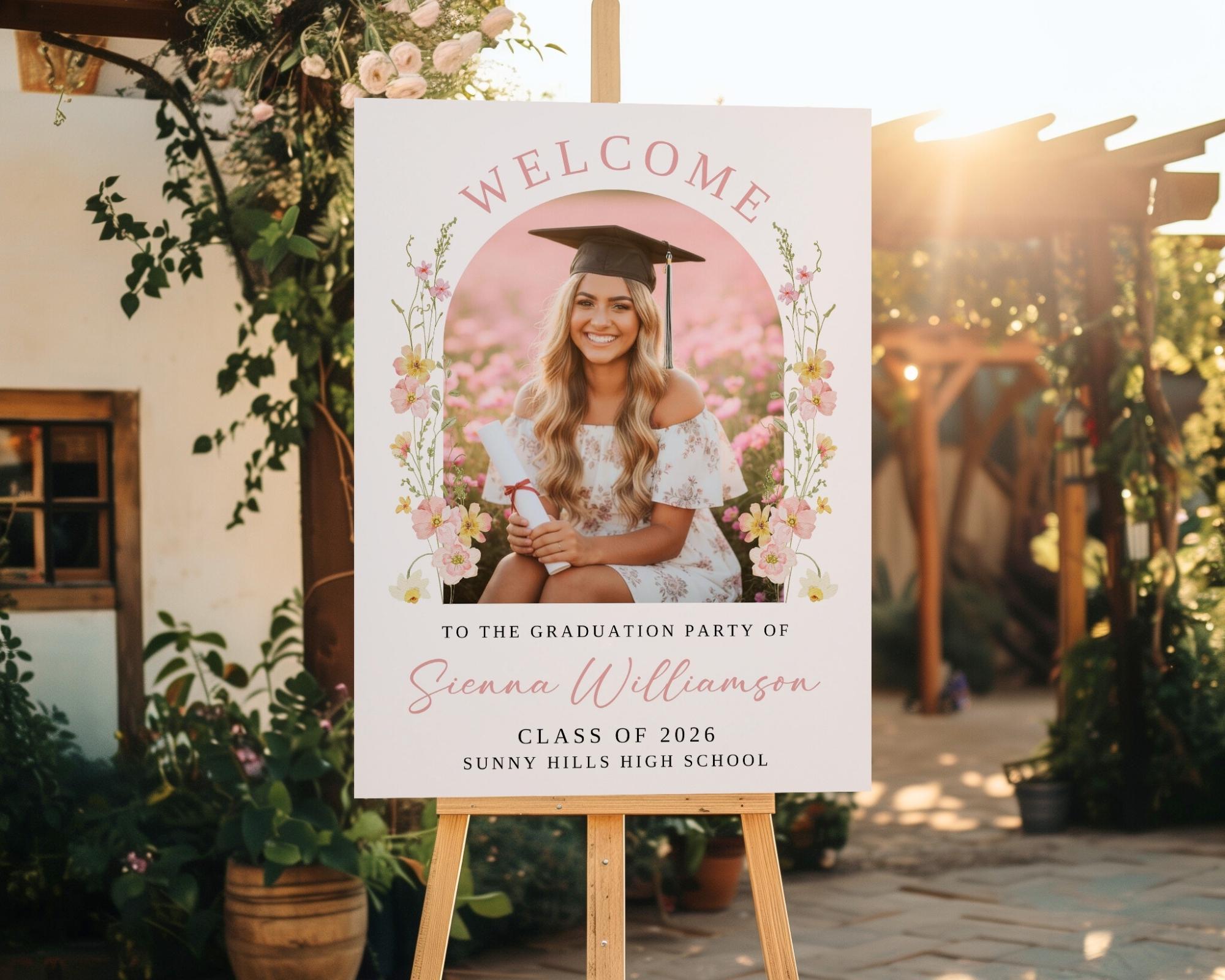 Hello April Graduation Spring Graduation Party Welcome Sign With Photo: Floral Grad Poster ...