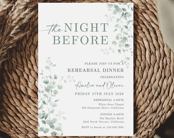 Rehearsal Dinner Invitation Template, Greenery Eucalyptus Leaves, The Night Before Invite, Canva Template (Digital Download)