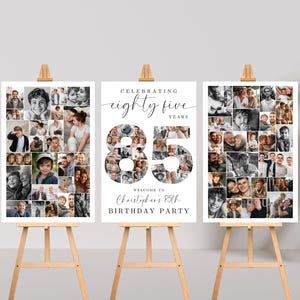 Puede incluir: Tres carteles blancos con texto negro y fotos. El cartel del centro dice "Celebrating eighty-five years" y tiene un gran número 85 hecho de fotos. Los carteles de la izquierda y la derecha tienen un collage de fotos.