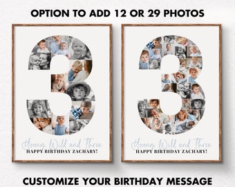 Birthday Photo Collage TEMPLATE for Three Year Old, Personalized 3rd  Birthday Gift for Boy or Girl, Party Decor Ideas, Canva Picture Collage