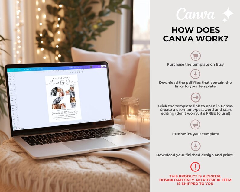 May include: A laptop screen displaying a Canva template for a 21st birthday invitation. The template features a photo collage in the shape of the number 21. The text "Celebrating Twenty One" is written in a cursive font. The text "How Does Canva Work?" is displayed on the right side of the image, along with a series of steps on how to use Canva to customise the template.