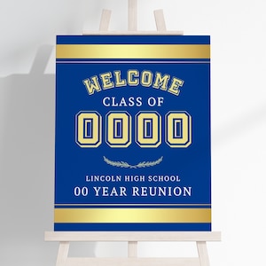 Class Reunion Welcome Poster TEMPLATE, Blue and Gold, School Reunion Display Sign, Alumni Welcome, Canva Template