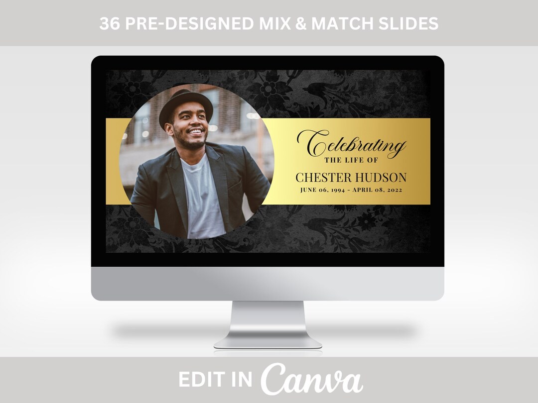 Black and Gold Funeral Slideshow TEMPLATE, Celebration of Life Photo Slideshow, Memorial Video