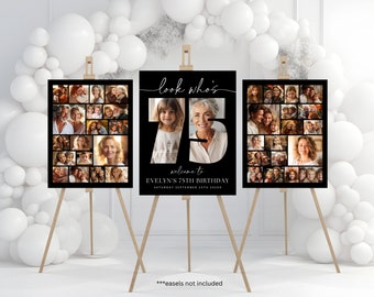 May include: Three black photo collage posters with white text and images. The centre poster says "look who's" and features a large number "75" with photos of a young girl and an older woman inside the numbers. The text below the number says "welcome to EVELYN'S 75TH BIRTHDAY SATURDAY SEPTEMBER 20TH 202X". The posters are on wooden easels.