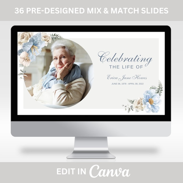 Funeral Photo Slideshow Template, Memorial Video for Woman, Blue Floral Celebration of Life Presentation, Funeral Photo Tribute,