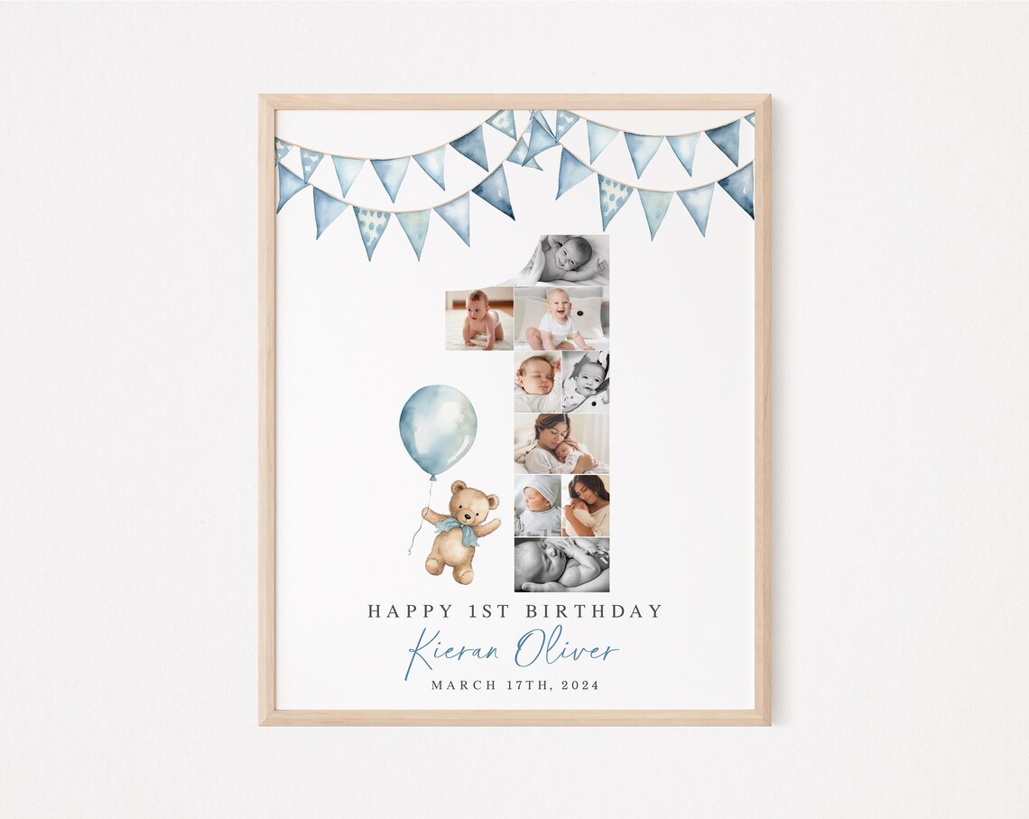 1st Birthday Welcome Poster TEMPLATE, Blue Teddy Bear With Balloon and