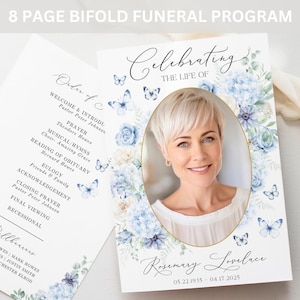 8 Page Bifold Funeral Program TEMPLATE, Blue Flowers with Butterflies, Celebration of Life Order of Service, Memorial Program Obituary, F2