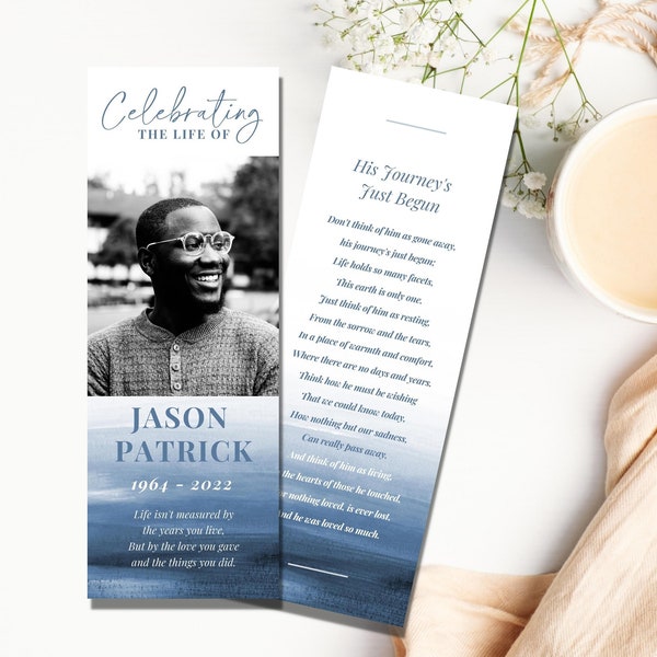 Blue Watercolor Funeral Bookmark Template, Celebration of Life Memorial Bookmark, Masculine Book Marker, Funeral Keepsake Favors