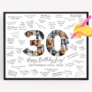 30th Birthday Photo Collage Poster TEMPLATE with room for signatures, Customizable Photo Collage Board Thirty, Photo Display Custom Gift