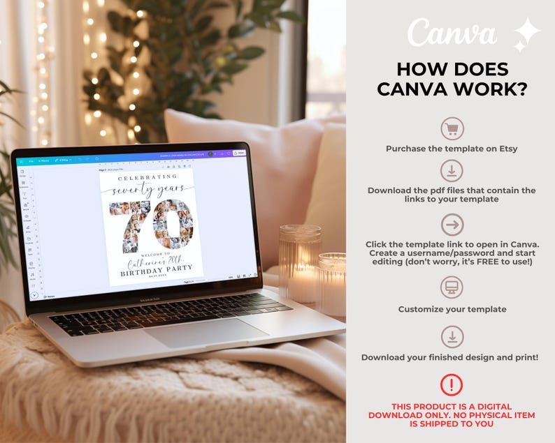 K&ouml;nnte beinhalten: Ein Laptop-Bildschirm zeigt eine Canva-Vorlage f&uuml;r eine 70. Geburtstagsfeier. Die Vorlage enth&auml;lt eine Fotocollage in Form der Zahl 70. Der Text "Celebrating seventy years" und "Welcome to [Name]'s 70th Birthday Party" ist auf der Vorlage sichtbar. Das Bild enth&auml;lt auch Anweisungen zur Verwendung von Canva zum Anpassen und Herunterladen der Vorlage.