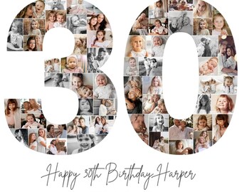 30th Birthday Photo Collage TEMPLATE, 30th Birthday Gift, Customizable Birthday Welcome Sign, Number Thirty Poster, Party Decor, BC1