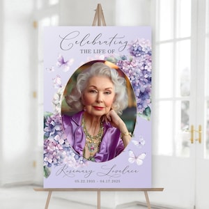 Purple Floral Funeral Poster TEMPLATE with butterflies, Celebration Of Life Welcome Sign Poster, In Loving Memory Board, F1