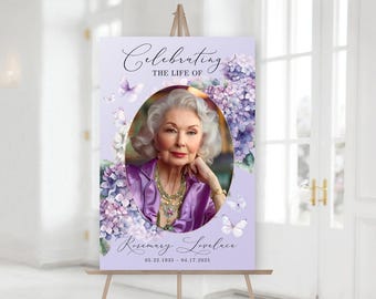 Purple Floral Funeral Poster TEMPLATE with butterflies, Celebration Of Life Welcome Sign Poster, In Loving Memory Board, F1