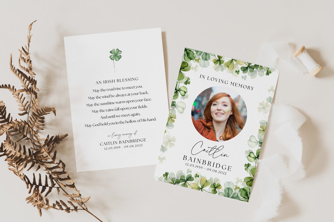 Funeral Card TEMPLATE for Irish, Memorial Card With Clover, Irish