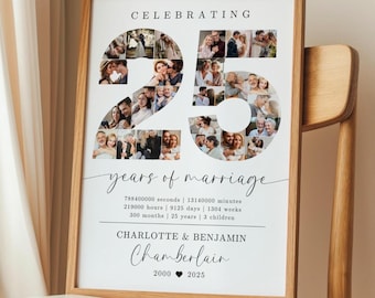 25th Wedding Anniversary Photo Collage TEMPLATE, 25 Years of Marriage Printable Gift Idea, Photo Collage Poster, Gift for Husband or Wife