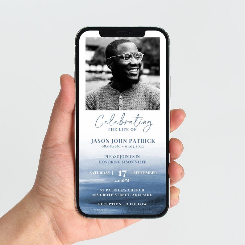 Blue Electronic Funeral Announcement TEMPLATE, Watercolor Ocean Celebration of Life Text Invitation, Digital Memorial Printable for Men image 3