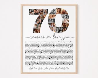 Könnte beinhalten: Eine Schwarzweiß-Fotocollage in Form der Zahl 70. Die Collage ist von einem weißen Rand und schwarzem Text umgeben, der "70 Gründe, warum wir dich lieben" lautet. Der Text unter der Collage listet 70 Gründe auf, warum jemand geliebt wird. Der Text ist schwarz und endet mit "Mit Liebe, Anita, Joha, Sienna, Hazel und Ashton".